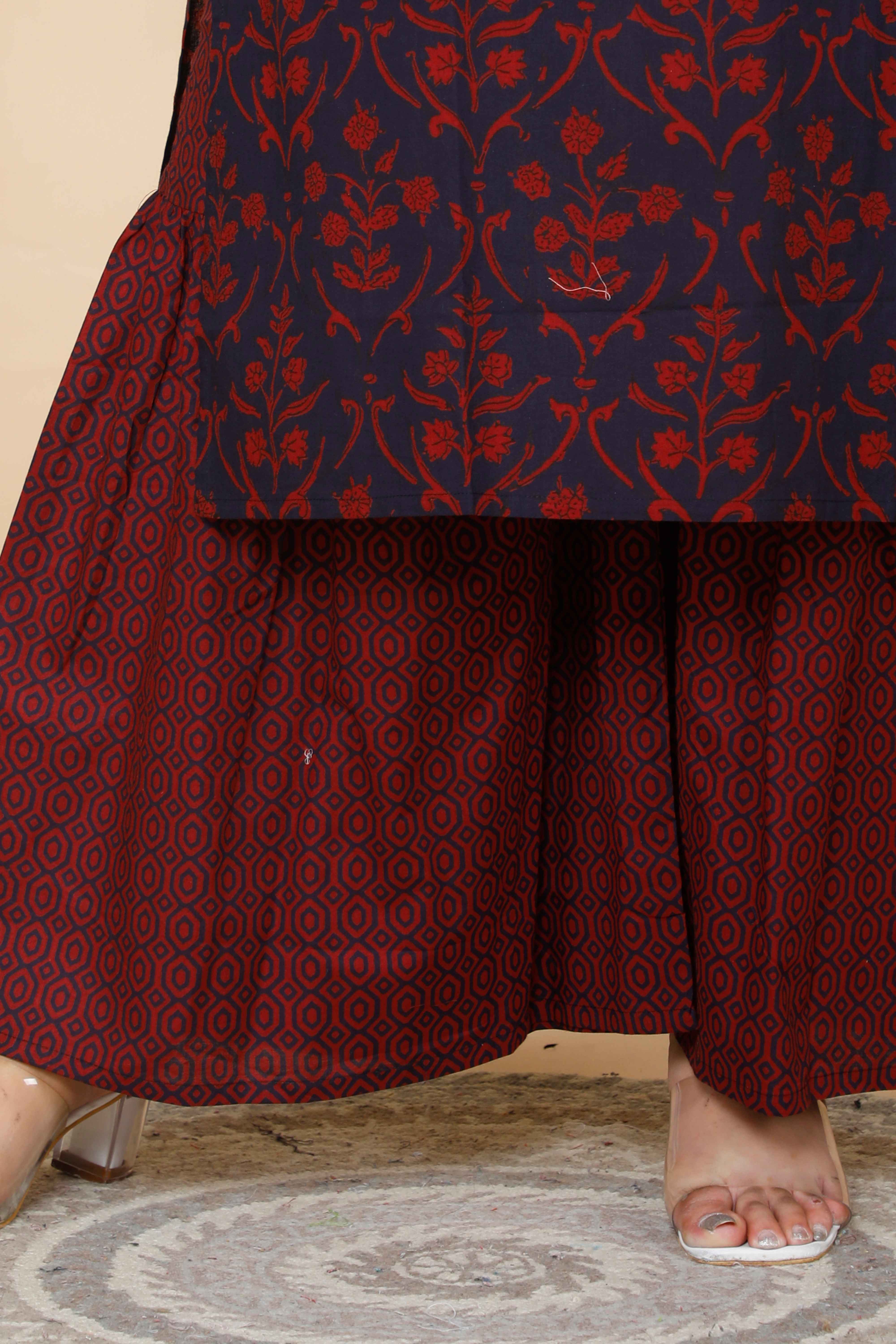 Maroon Floral Printed Cotton Kurta with Sharara and Dupatta Set